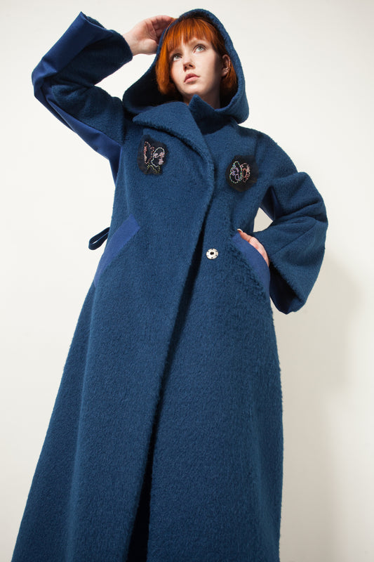 Shaggy wool blend maxi coat with handmade embroidery