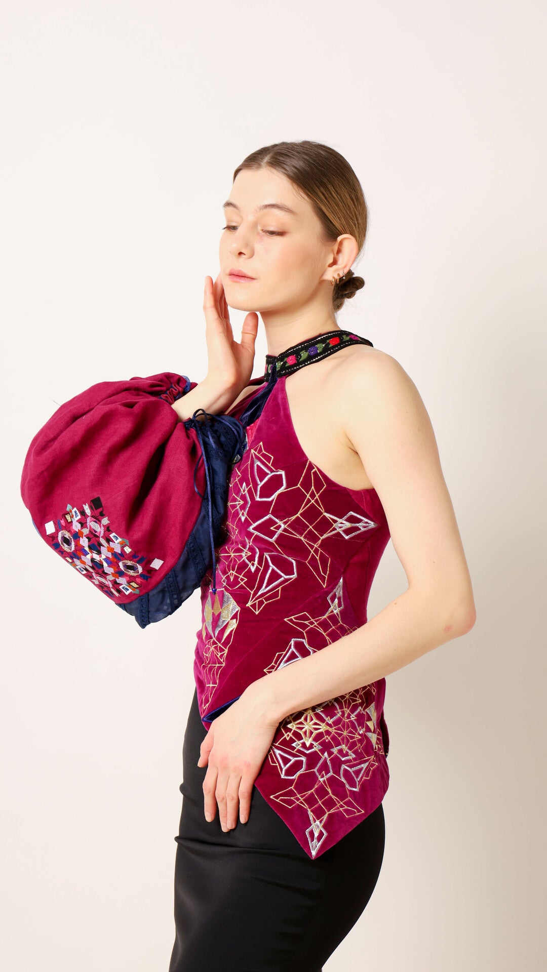 Berry velvet assymetric one-sleeve vyshyvanka