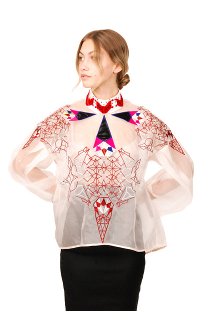 Silk organza transparent embroidered blouse