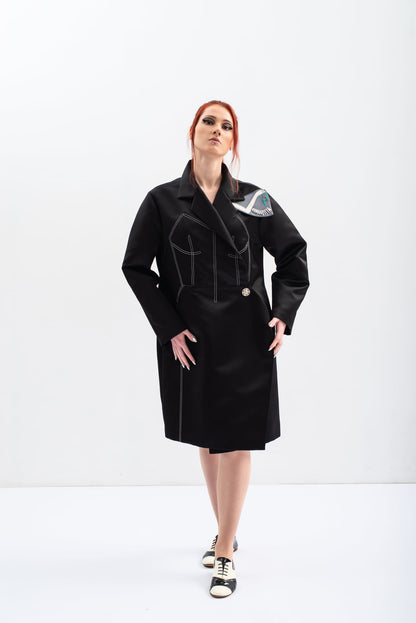 Double-sided black satin trench coat