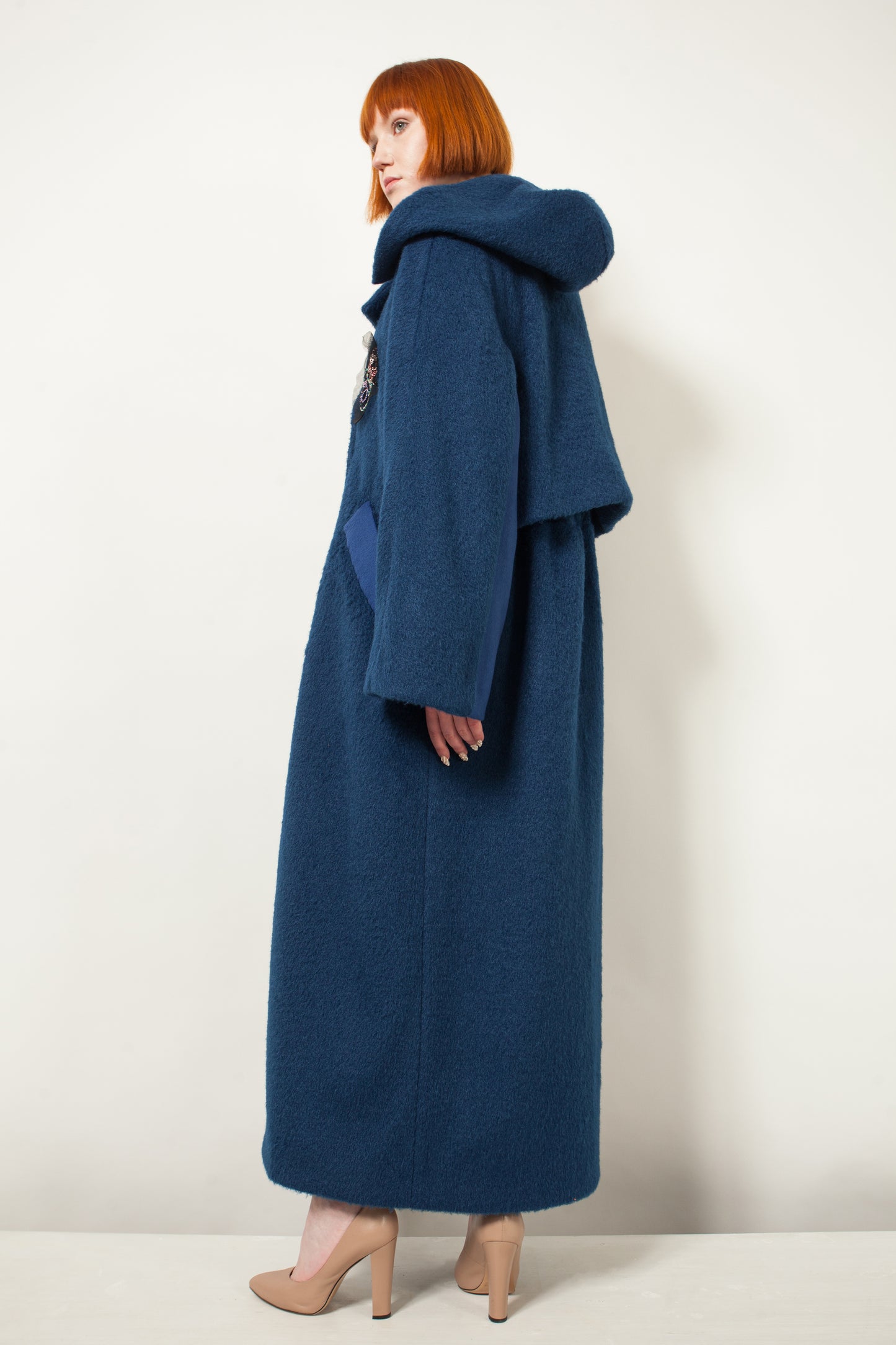 Shaggy wool blend maxi coat with handmade embroidery