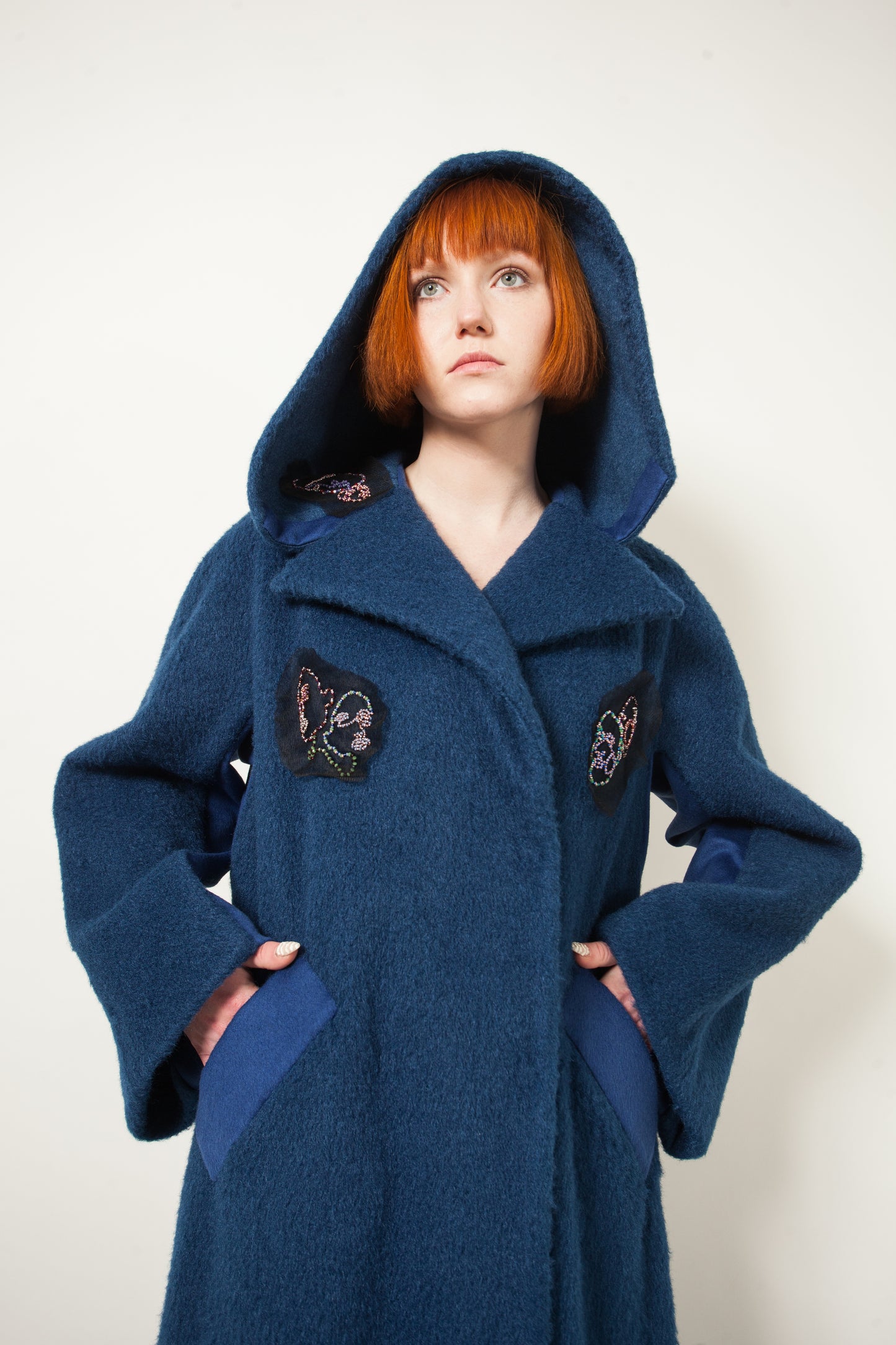 Shaggy wool blend maxi coat with handmade embroidery