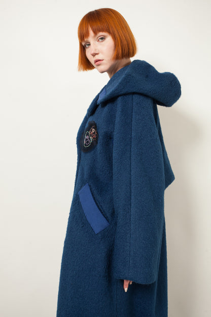 Shaggy wool blend maxi coat with handmade embroidery