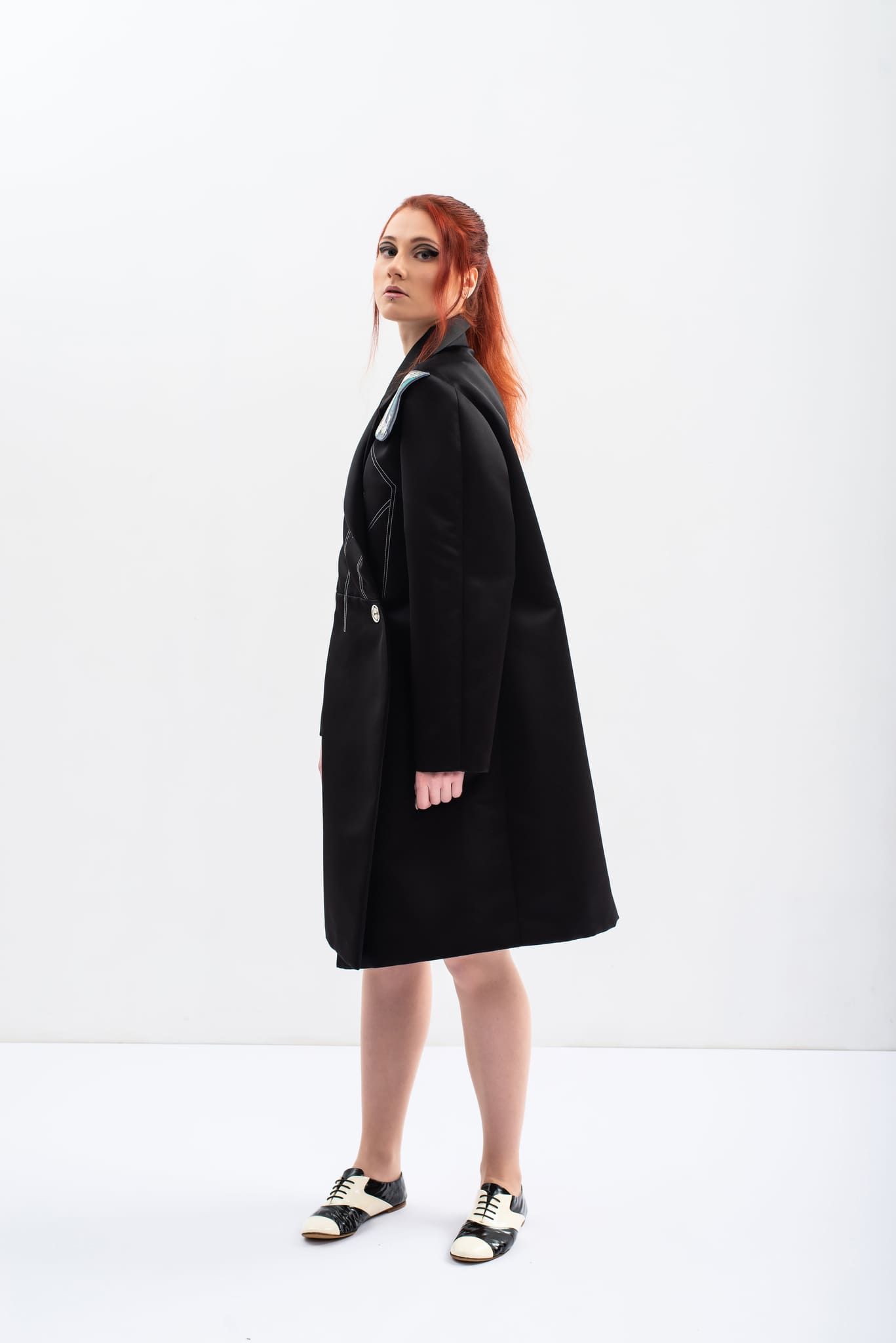 Double-sided black satin trench coat