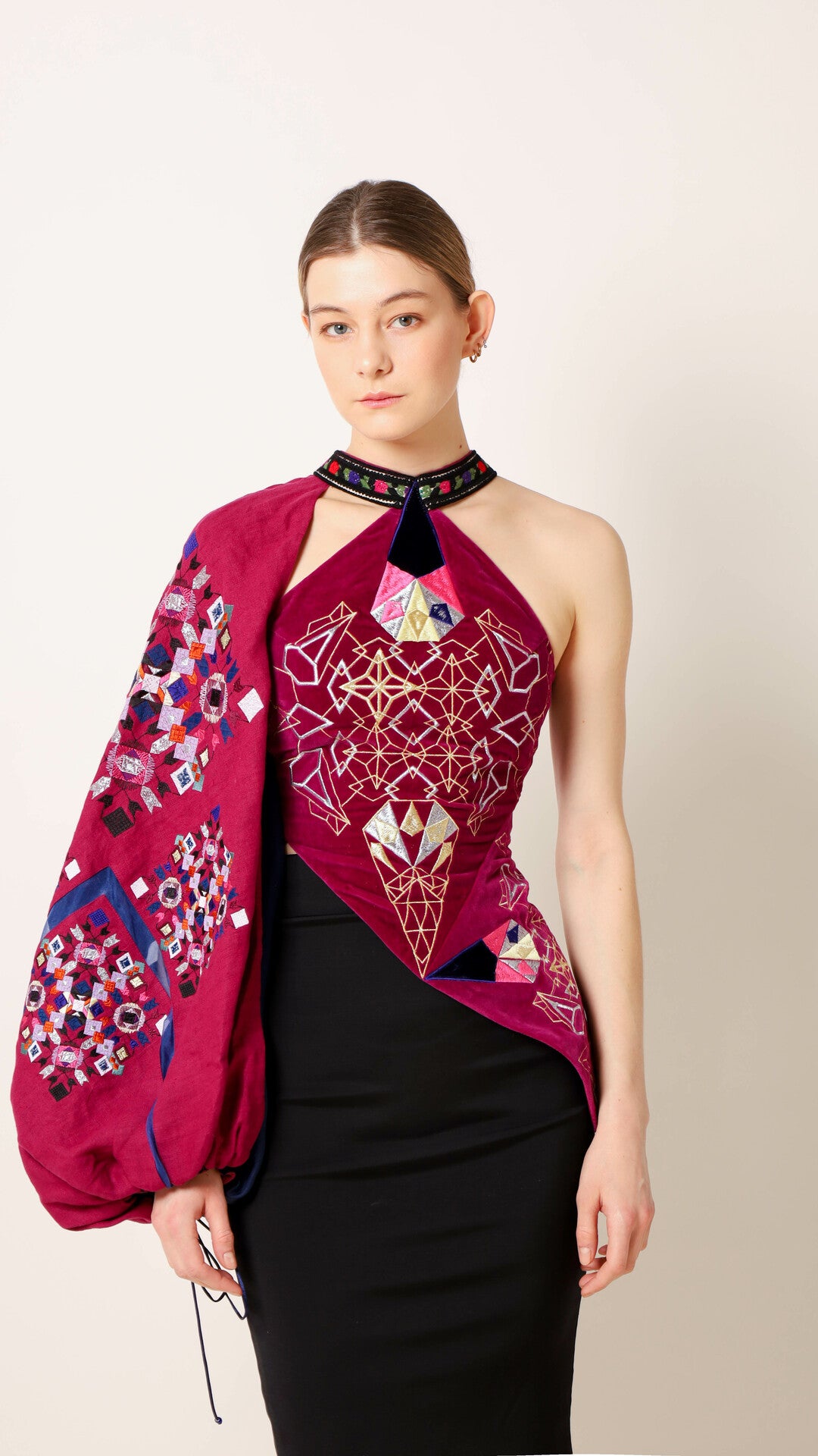 Berry velvet assymetric one-sleeve vyshyvanka